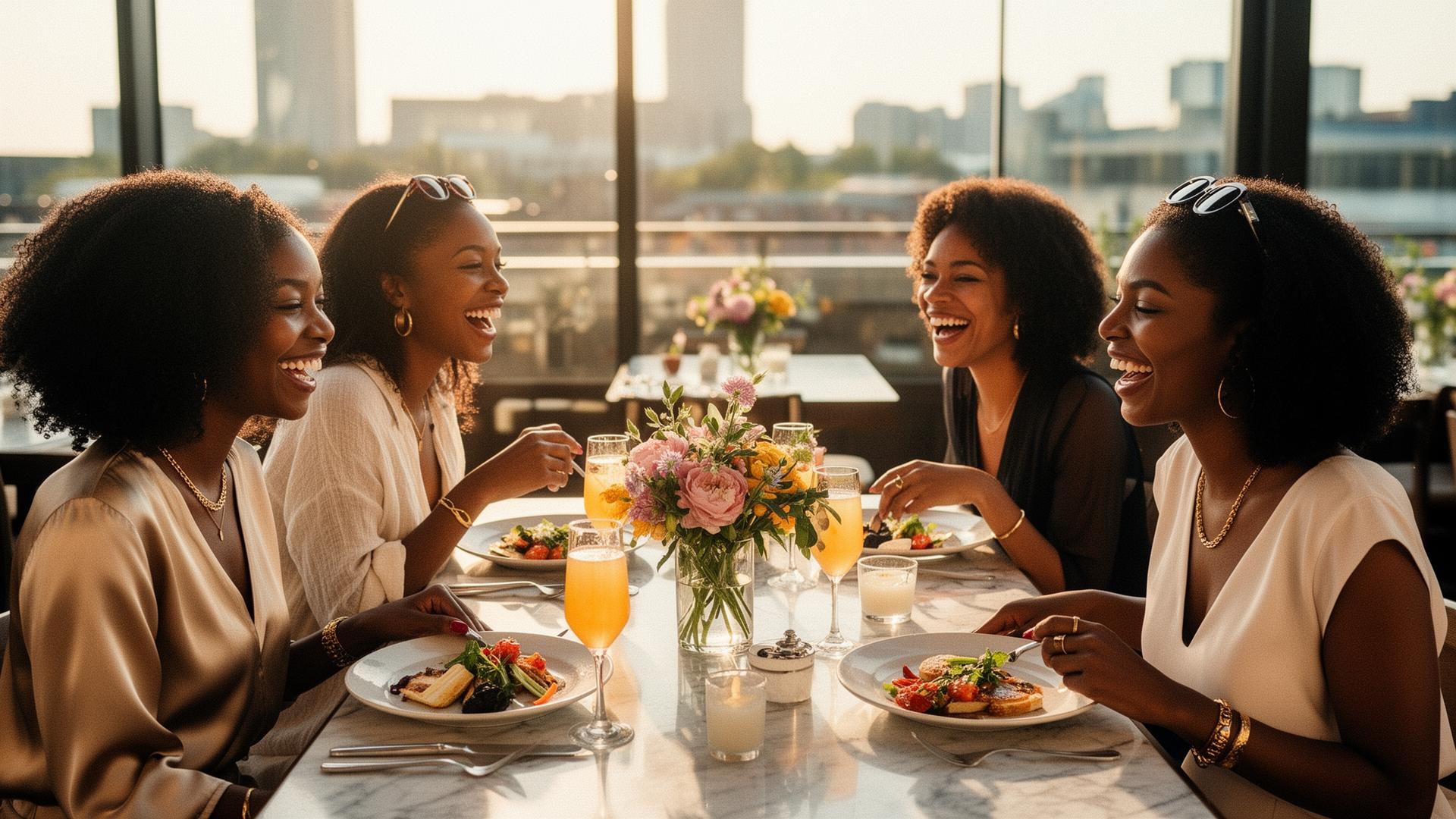 Four Black women laughing together over brunch in golden afternoon light